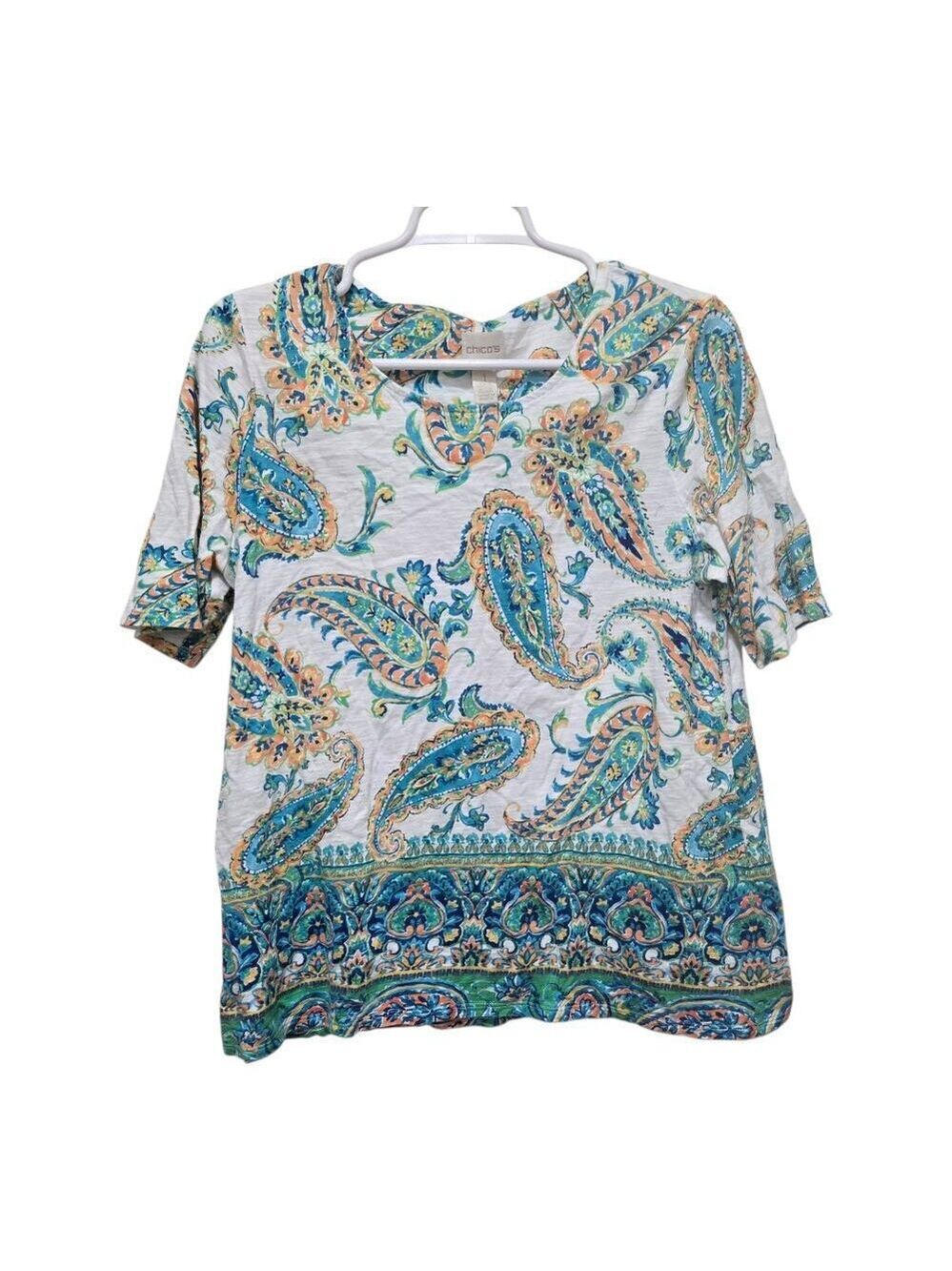 Chicos Paisley Top Medium V Neck Boho Multicolor Short Sleeve